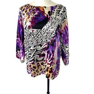 Cache Silk Top Womens Size Small S Vintage Abstract Print Dolman Sleeve Purple